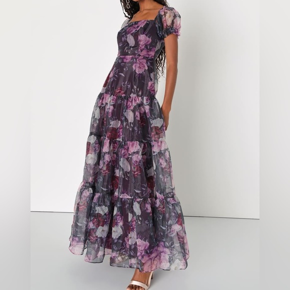 Lulus Lavender and Black Floral Organza Tiered Maxi Dress - Picture 2 of 3